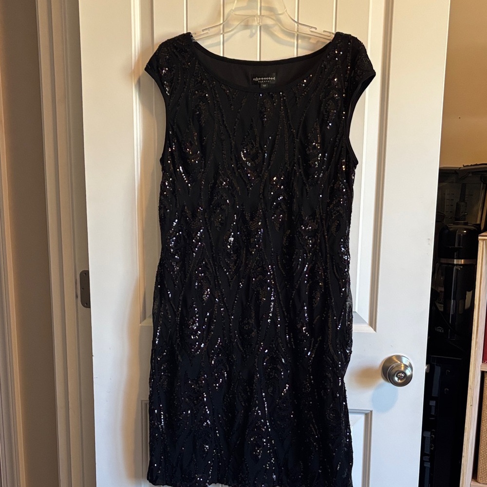 Connected Apparel Black Sequin Midi Dress. Size 14P